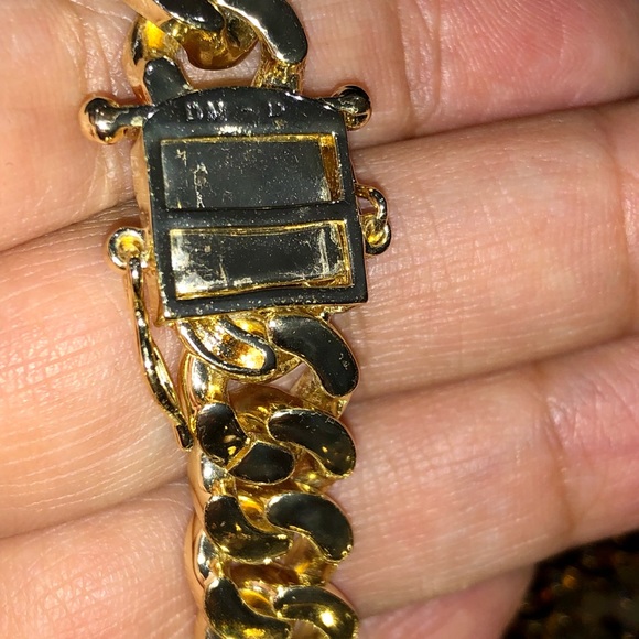 10k yellow gold vermeil Cuban link heavy chain for men, simulated diamonds Sale - Picture 3 of 8